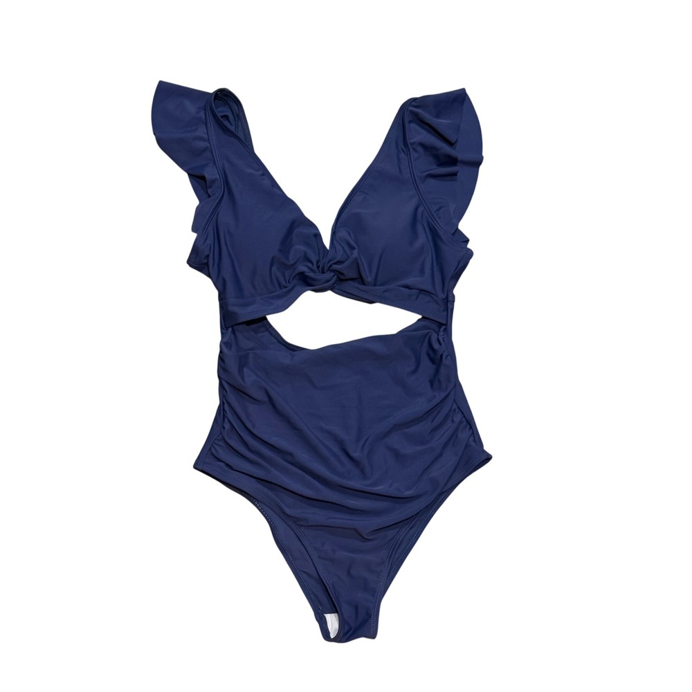 Cupshe‎ One Piece Swimsuit Womens Small Navy Blue New Ruffle Cutout Ruched